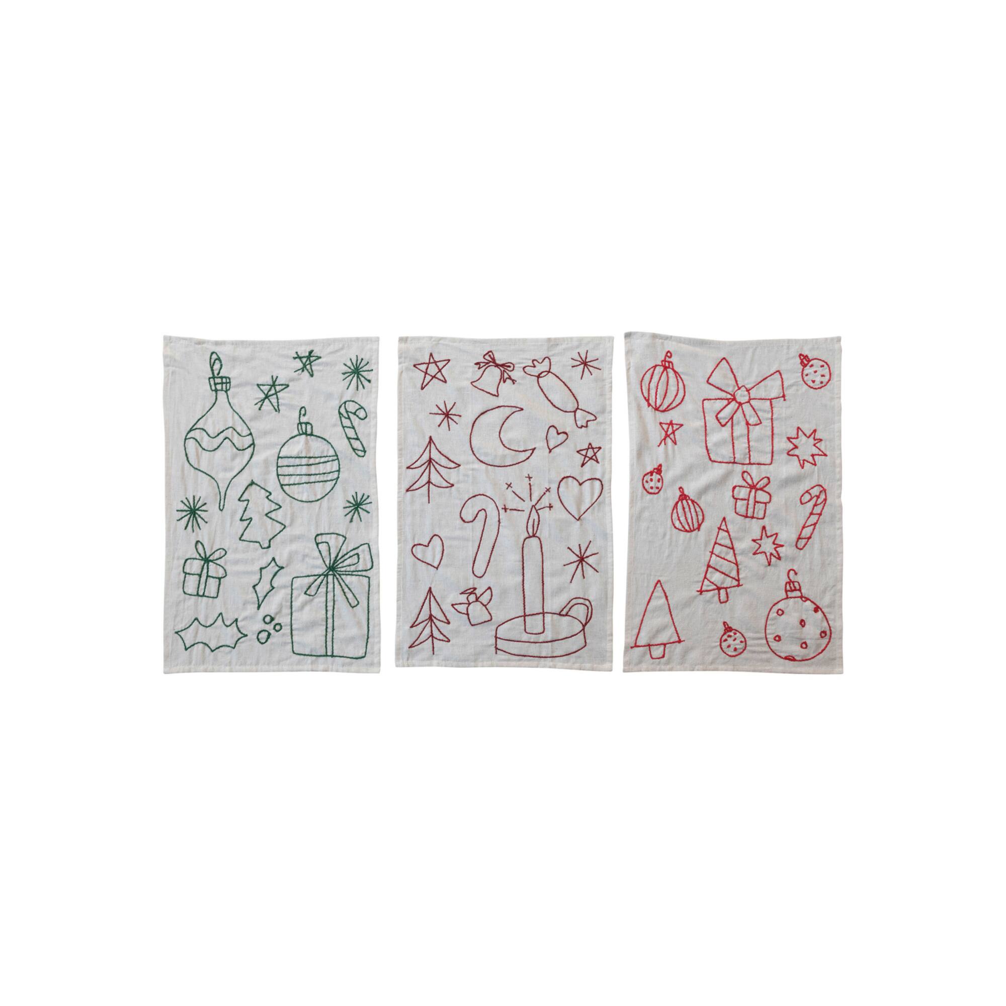 Hello Honey® Embroidered Holiday Icon Woven Cotton & Linen Tea Towel Set